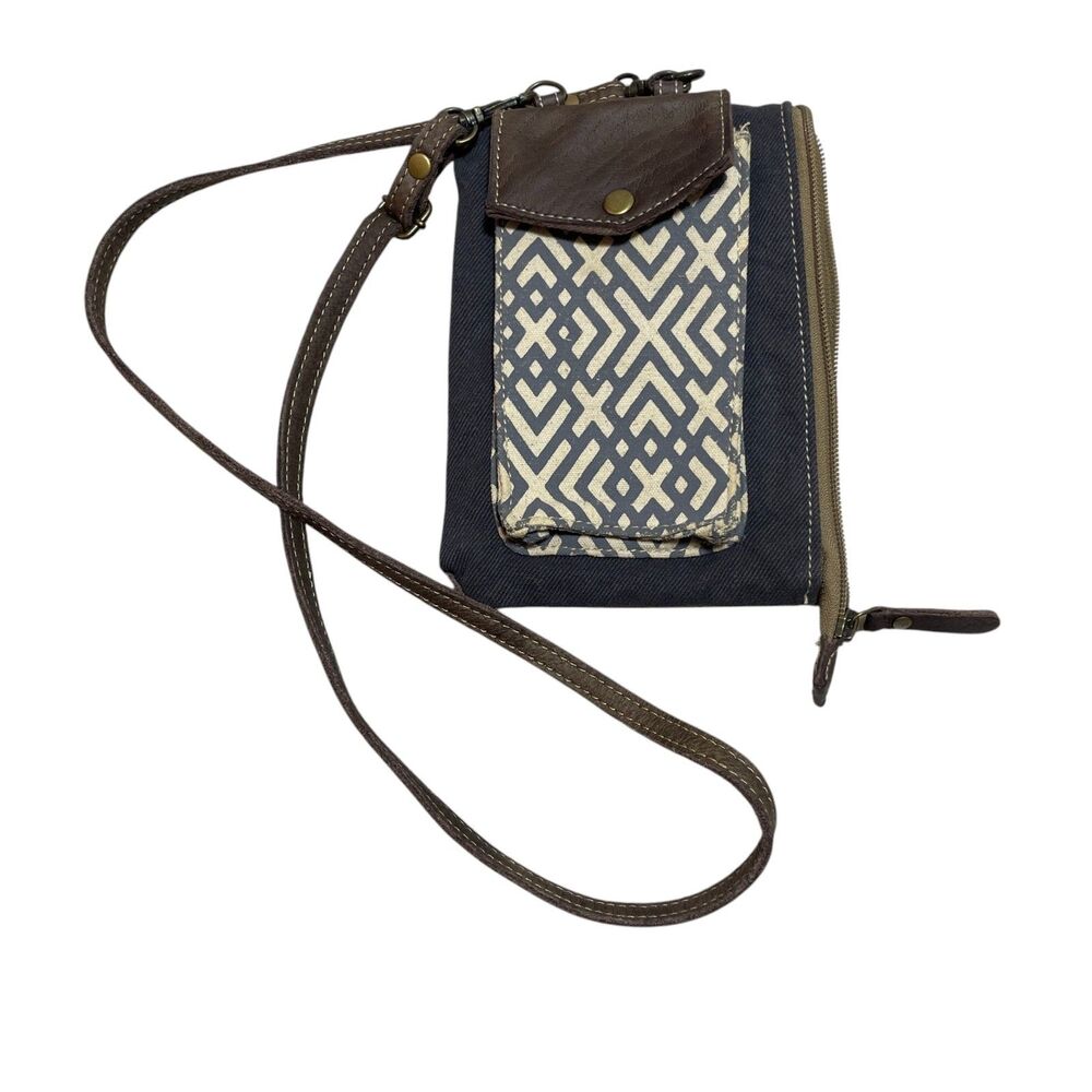 Myra Canvas Cross Body 100% Cotton leahter Trim‎ Adjustable Strap Purse Browns